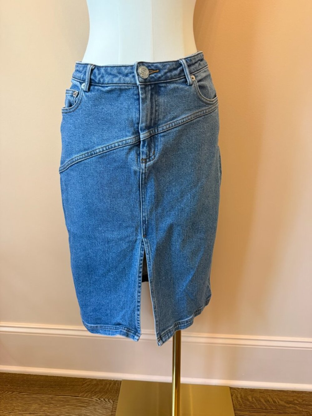 STAUD Denim Midi Pencil Skirt Front Slit Blue Size 6